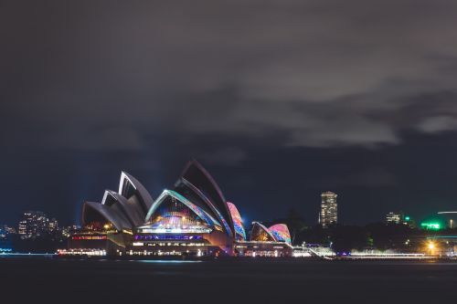 Architektūra, Pastatai, Miestas, Miesto Šviesos, Miesto Panorama, Žibintai, Naktis, Dangus, Sidnėjaus Operos Rūmai, Vanduo