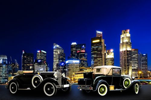 Architektūra, Eismas, Panorama, Singapūras, Oldtimer, Didelis Miestas, Transporto Priemonė, Automobiliai, Senas, Žibintai, Dangoraižis, Senas Automobilis, Kabrioletas, Subrendęs, Nostalgija, Komponavimas, Verslo Susitikimas, Kelionė, Šventė