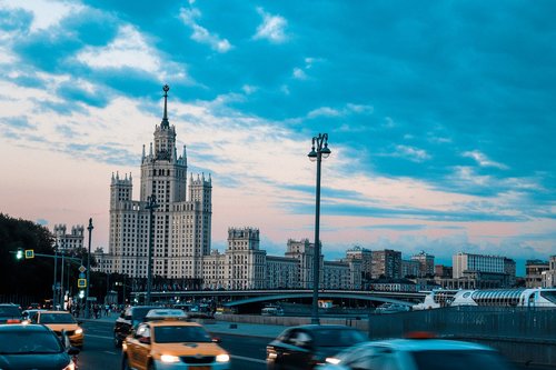 Architektūra,  Maskva,  Rusija,  Statyba,  Gatvė,  Transportas,  Mėlyna,  Dangoraižiai,  Kapitalas,  Vakaras