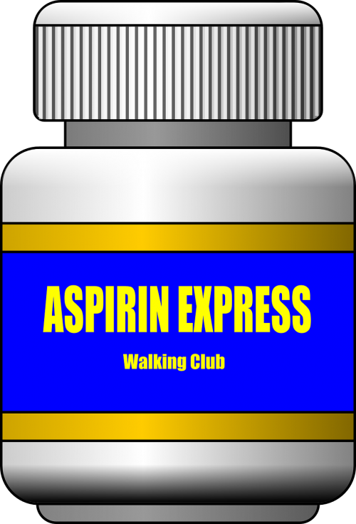 Aspirinas, Vaikščiojimo Klubas, Butelis, Tabletes, Uždaryta, Etiketas, Balta, Mėlynas, Geltona, Nemokama Vektorinė Grafika
