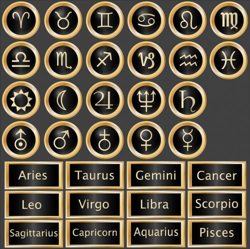 Astrologija, Gimimo Ženklas, Gimimo Ženklai, Žvaigždžių Ženklas, Žvaigždžių Ženklai, Horoskopas, Tekstas, Žodžiai, Ženklai, Simboliai, Juoda, Auksas, Mygtukas, Barai, Menas
