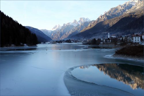 Auronzo,  Cadore,  Cime & Nbsp,  Lavaredo,  Kraštovaizdis,  Žiema,  Ežeras,  Ledas,  Sniegas,  Gamta,  Kalnas,  Kaimas,  Auronzo