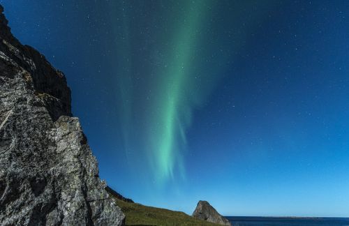 Aurora Borealis, Lofoten, Norvegija, Naktis, Žalias, Dangus, Mėlynas
