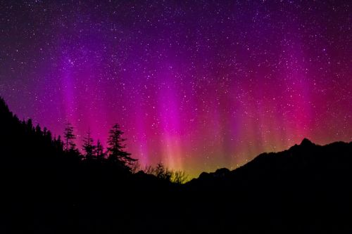 Aurora Borealis, Šiaurės Pašvaistė, Dangus, Naktis, Kraštovaizdis, Gamta, Tamsi, Spalvinga, Šviesus, Kalvos, Siluetai, Ramus, Panorama, Medžiai