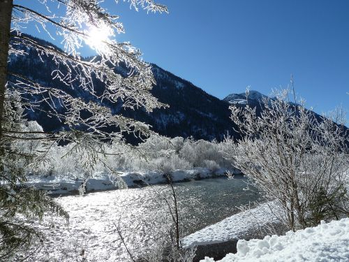 Austria, Žiema, Upė, Sniegas, Šaltas, Saulėtas, Rytas, Frisch