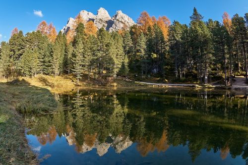 Ruduo, Ežeras, Medžiai, Miškas, Gamta, Kraštovaizdis, Farbenspiel, Dolomitai, Val Gardena, South Tyrol
