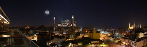 Naktis, Cami, Hagia Sophia, Istanbulas, Turkija, Mėnulio Šviesa, Sultanahmet, Miesto Panorama, Mėnuo, Žibintai