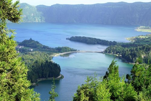 Azores, Portugal, Gamta, Ežeras, Žalias, Dangus, Kraštovaizdis