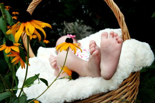 Kūdikis, Pėdos, Krepšelis, Gėlės