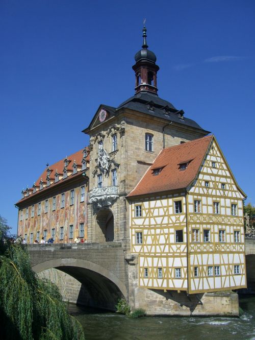 Bamberg, Miesto Rotušė, Senas, Pastatas, Fachwerkhaus, Tiltas, Regnitz, Mainfranken, Vokietija