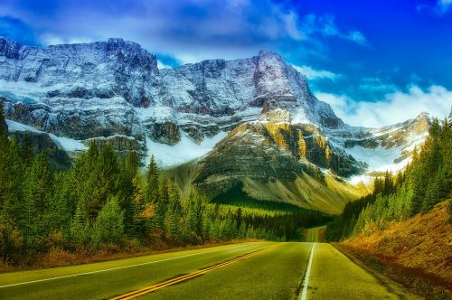 Banff, Kanada, Nacionalinis Parkas, Kalnai, Dangus, Debesys, Kelias, Kelionė, Kelionė, Kraštovaizdis, Vaizdingas, Gamta, Lauke, Miškas, Medžiai, Miškai, Šalis, Kaimas, Kaimas, Dykuma, Gražus, Sniegas, Hdr