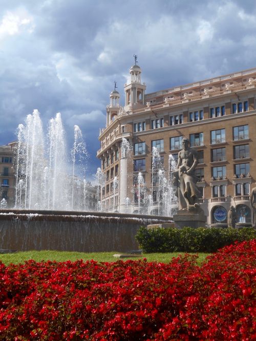 Barcelona, Ispanija, Fontanas, Gėlės, Statula