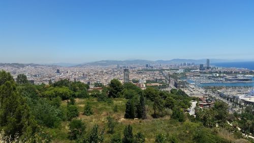 Barcelona, Ispanija, Panorama, Apžvalga, Dangus, Mėlynas, Kalnai