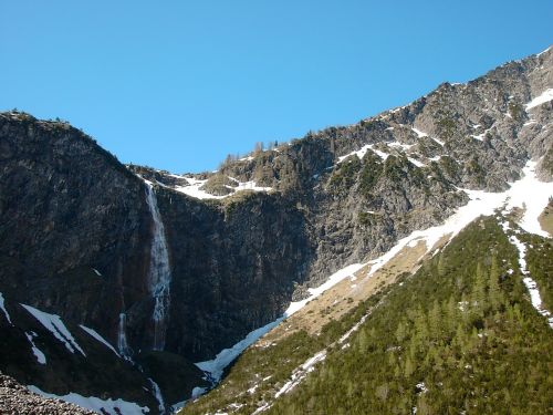 Bergaichtwasserfall, Uolos Avarija, Nuolaužos Kar, Seni Sniego Laukai, Tannheim, Tyrol