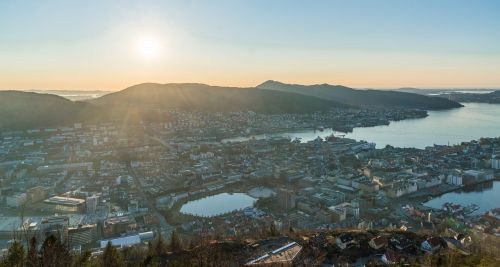 Bergen, Norvegija, Saulėlydis, Padidėjęs Vaizdas, Architektūra, Lauke, Miesto Panorama, Uostas, Miesto, Dangus