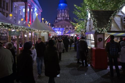 Berlynas, Kalėdų Rinka, Lankytojai, Stalai Žibintai, Naktis, Šaltas Oras, Gendarmenmarkt, Medis