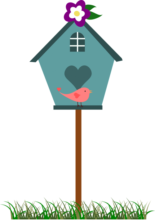 Birdhouse, Paukštis, Namas, Namai, Mėlynas, Gėlė, Širdis, Nemokama Vektorinė Grafika