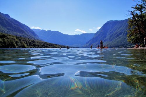 Bohinj, Bohinj Ežeras, Slovenia, Julijos Alpės, Skaidrus Vanduo, Panorama, Turizmas, Atostogos, Vasara, Maudytis, Vandens Sportas, Kalninis Ežeras