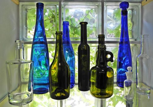 Butelis, Stiklas, Spalvotas Stiklas, Apdaila, Langas, Mėlynas, Žalias, Skaidrus, Stiklo Plyta
