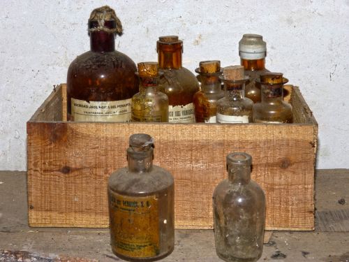 Buteliai, Chemija, Laboratorija, Cheminės Medžiagos, Senas, Vintage