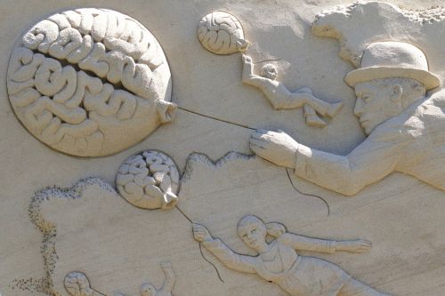 Smegenys, Balionas, Vyras, Skrybėlę, Vaikas, Moteris, Smėlio Skulptūra