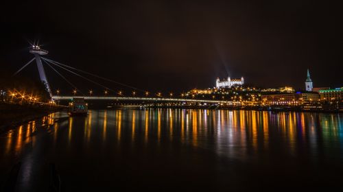 Bratislava, Tiltas, Danube, Pilis, Katedra, Upė, Slovakija, Vaizdas, Naktis, Žibintai, Apšviestas, Miestas