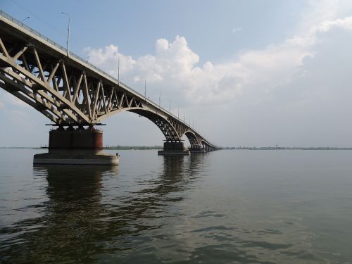 Tiltas, Volga, Upė, Rusija, Saratovas, Dangus, Vanduo