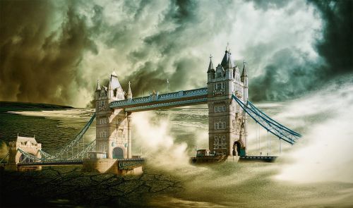 Tiltas, Londonas, Londono Tiltas, Pastatas, Miesto Panorama, Dizainas, Fantazija, Fantazijos Dizainas, Dangus, Dramatiškas Dangus, Bangos, Laukinės Bangos, Cunamis, Katastrofa, Pasaulio Pabaiga