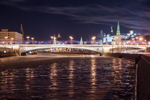 Tiltas, Kremlius, Žiema, Upė, Naktis, Kraštovaizdis, Moskvos Upė, Miestas, Moscow