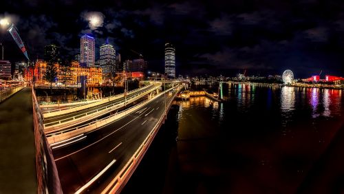 Brisbane, Australia, Miestas, Miesto, Pastatai, Žibintai, Švytėjimas, Upė, Vanduo, Apmąstymai, Hdr, Ferris Ratas, Centro, Miesto Panorama, Naktis, Naktis, Tamsi