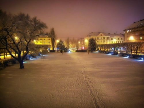 Brno, Parkas, Čekijos Respublika, Vaizdingas, Žiema, Sniegas, Ledas, Naktis, Vakaras, Pastatai, Lauke, Medžiai