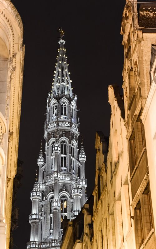 Briuselis, Didelis Kvadratas, Saint Michel, Belgija, Architektūra, Bokštas, Varpinė, Naktis, Šviesa