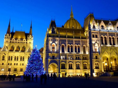 Budapest, Vengrija, Parlamentas, Vengrijos Parlamento Pastatas, Pušies Mediena, Kalėdų Eglutė, Mėlyna Valanda S, Vakare, Šviesa, Pastatas