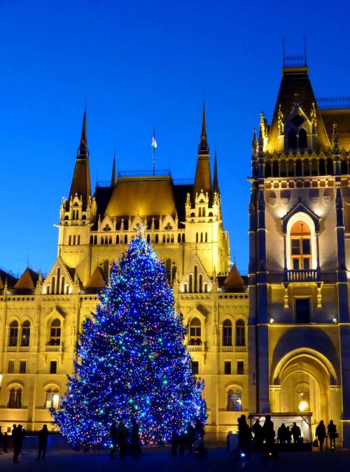 Budapest, Vengrija, Parlamentas, Vengrijos Parlamento Pastatas, Mėlyna Valanda S, Šviesa, Vakare, Kalėdų Eglutė
