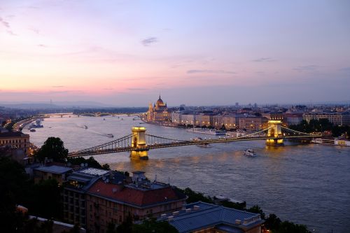 Budapest, Saulėlydis, Žibintai, Violetinė, Kraštovaizdis, Tiltas, Parlamentas, Dangus, Naktis, Dusk, Šviesa