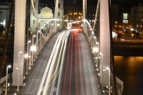 Budapest, Tiltas, Automobiliai, Naktis, Ilga Ekspozicija