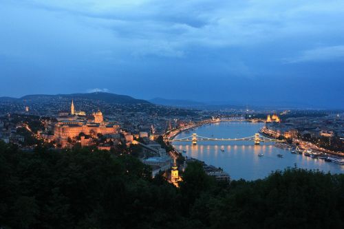 Budapest, Vengrija, Architektūra, Upė, Pilis, Pastatas, Naktį, Žibintai, Tiltas