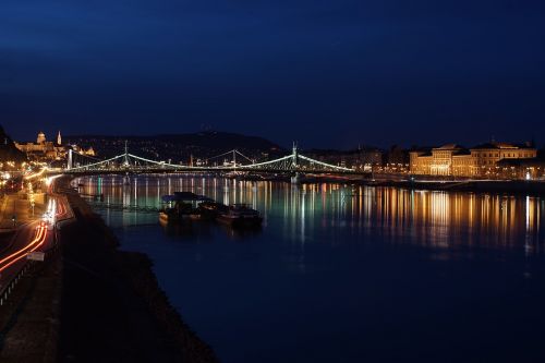Budapest, Danube, Naktį, Miestas, Tamsi, Tiltas, Atspindys, Kraštovaizdis