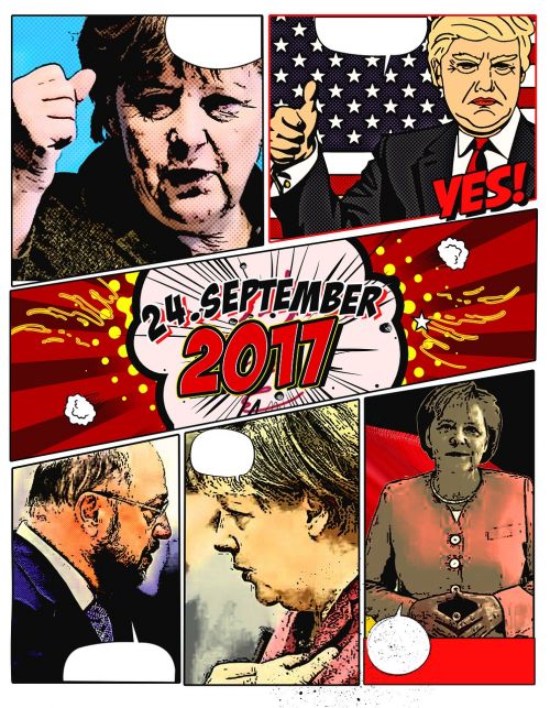 Bundestagswahl, 2017, Politika, Vokietija, Angela Merkel, Martin Schulz, Donaldas Trampas, Linksma, Komiksas