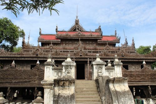 Burma, Mandalay, Šventykla, Mianmaras, Asija, Šventyklos Kompleksas, Medinis Antspaudas