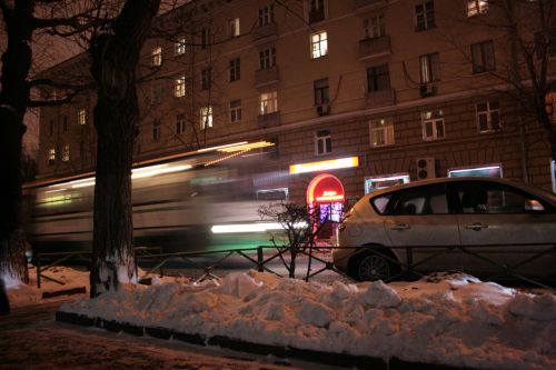 Naktis,  Gatvė,  Autobusas,  Žiema,  Autobusas Naktinėje Gatvėje