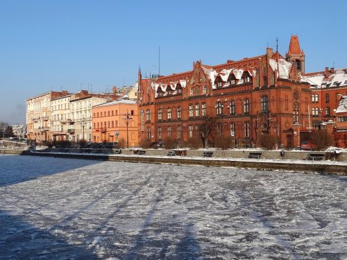 Bydgoszcz, Kranto, Brda, Upė, Žiema, Architektūra, Lenkija, Pastatai
