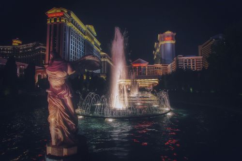 Caesarų Rūmai, Las Vegasas, Kazino, Viešbutis, Pastatai, Architektūra, Fontanas, Vanduo, Žibintai, Naktis, Tamsi, Vakaras