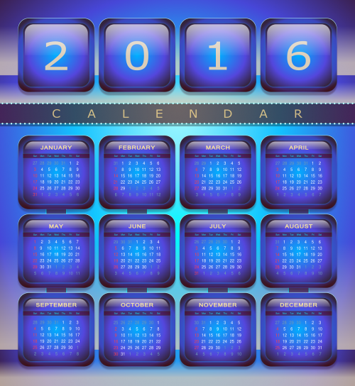 Kalendorius, 2016, Naujieji Metai, Spalvinga, Kvadratas, Data, Mėnuo, Kas Mėnesį, Savaitę, Diena, Metai, Numeris, Kasdien, Dizainas, Mėlynas