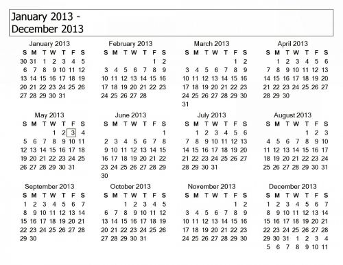 Metinis,  Kalendorius,  2013,  Lentelė,  Masyvas,  Dienos,  Mėnesių,  2013 M. Kalendorius