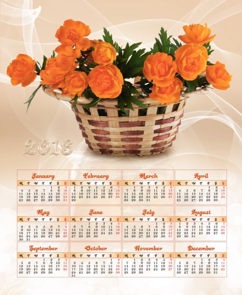 Kalendorius,  2016,  Gėlės,  Gėlė,  Krepšelis,  Fonas,  Abstraktus,  Vasara,  Pavasaris,  Oranžinė,  Šviesus,  Kalendorius 2016 M