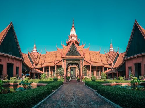 Kambodža, Phnom Penh, Nacionalinis Muziejus, Muziejus, Kiemas, Popietė, Dangus, Spalva, Panorama, Pastatas
