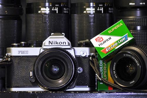 Fotoaparatas, Refleksas, Nikon, Lęšiai, Fujifilm, Juoda, Senas