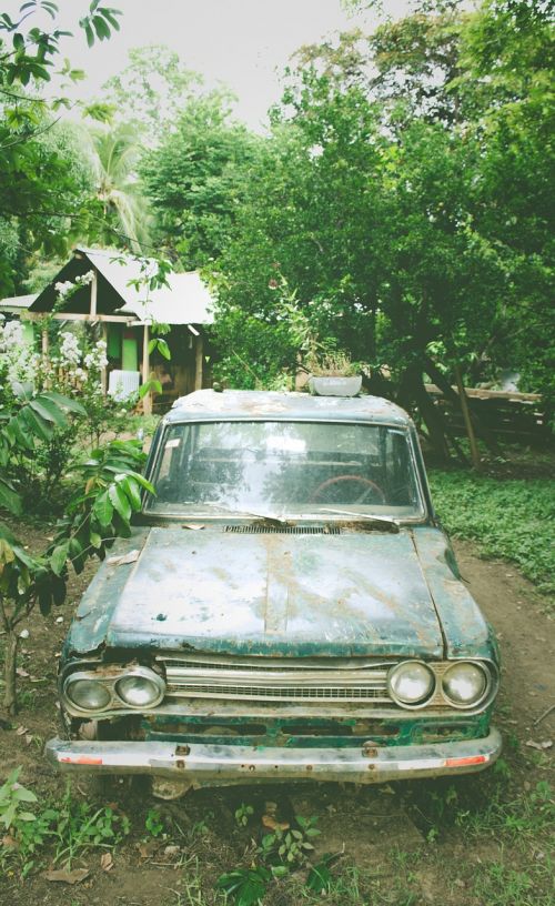 Automobilis, Senoji Mokykla, Vintage, Sunaikintas, Pažeista, Žalias, Medžiai, Namas