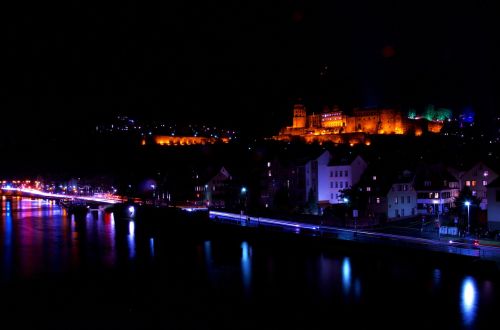 Pilis, Heidelbergas, Naktis, Baden Württemberg, Senas Tiltas, Apšvietimas, Istoriškai, Upė, Istorinis Miestas, Vakaras